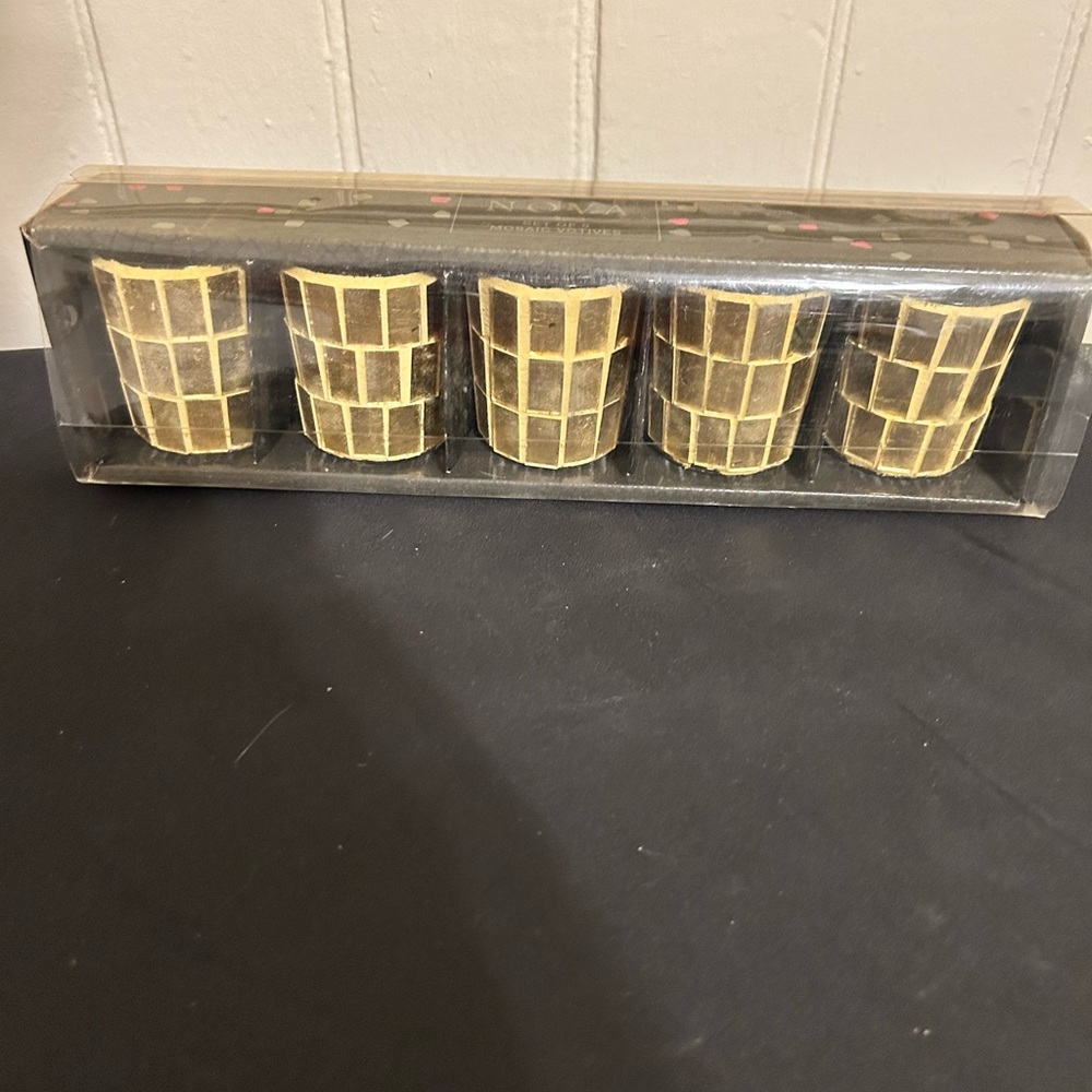 Nova Set Of 5 Holiday Gold Mosaic Candle Holders/NIB